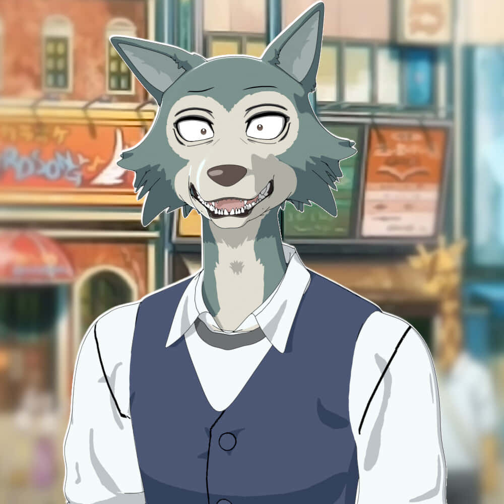 獸星 桌布 壁紙 — 一隻穿著背心的擬人化狼在色彩繽紛的城市背景下燦爛地微笑。