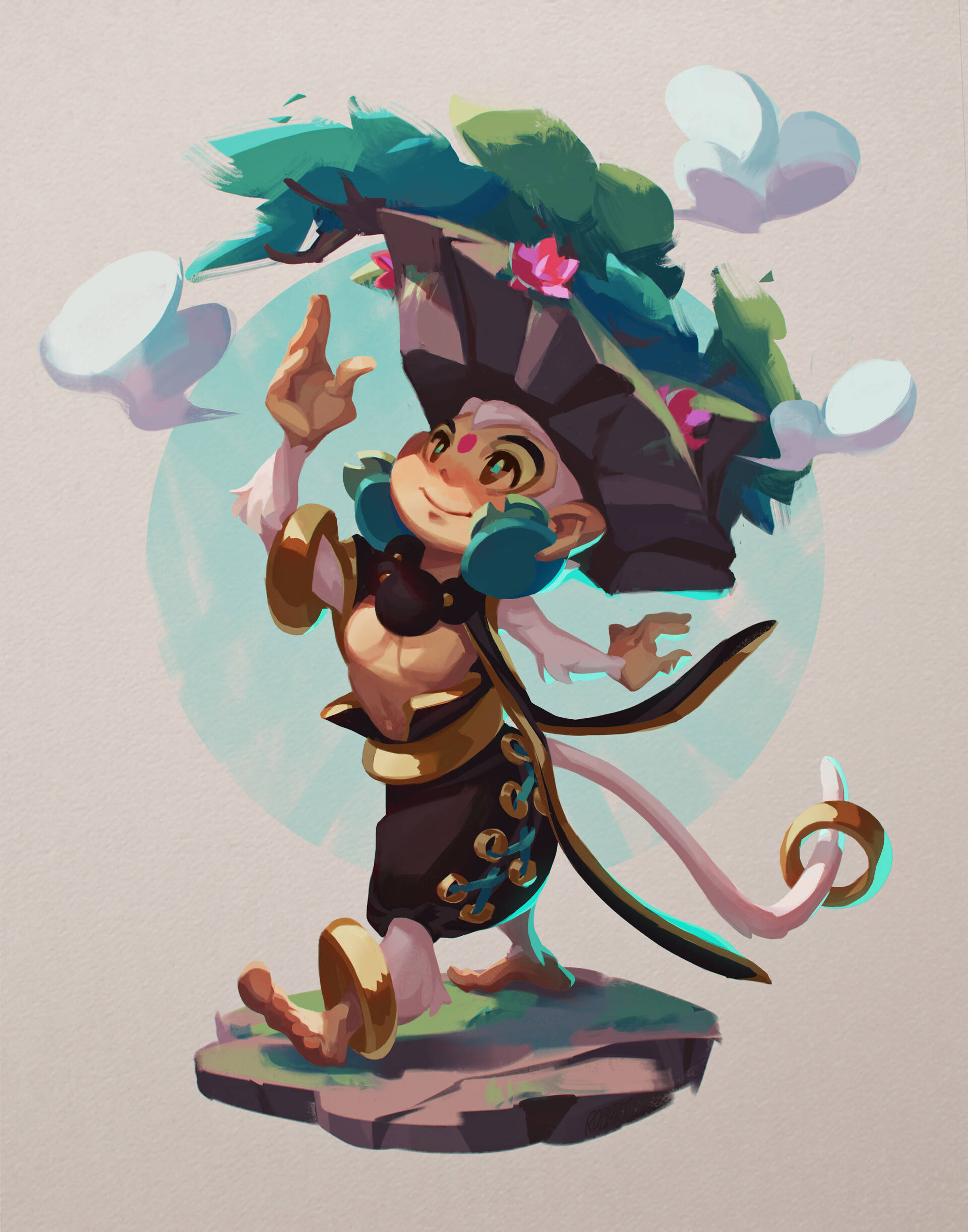 smiling 桌布 壁紙 — 一隻穿著華麗服飾的快樂卡通猴子，戴著樹葉帽子，在岩石上跳舞，周圍有浮雲。