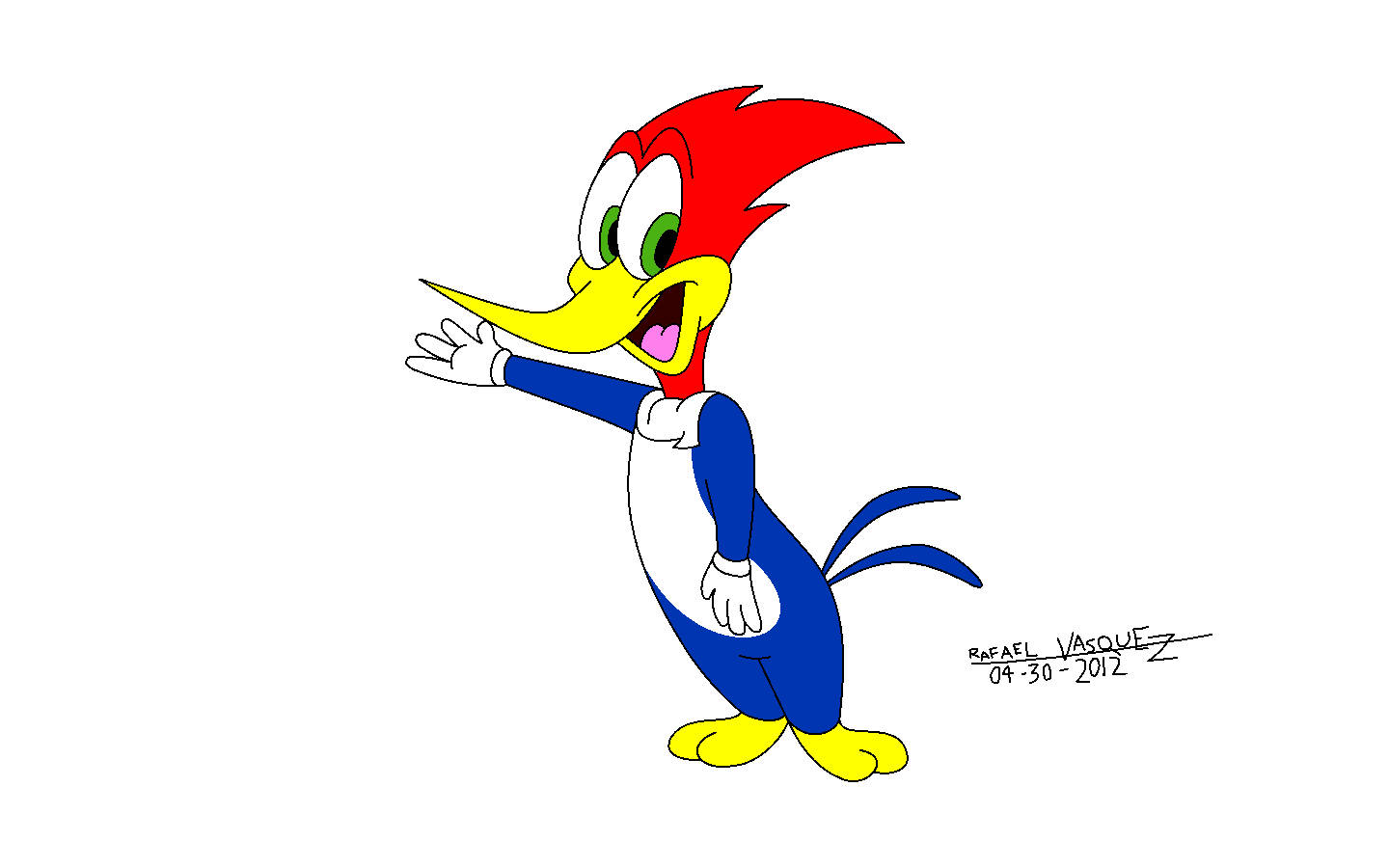 Woody Woodpecker 桌布 壁紙 — 一隻穿著藍白西裝的快樂卡通啄木鳥，在白色背景前揮動鮮紅色冠和黃色喙。