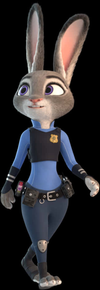 Disney Character 桌布 壁紙 — 一隻穿著藍色制服、佩戴徽章和裝備的開心動畫兔警官，自信地站在黑色背景前。