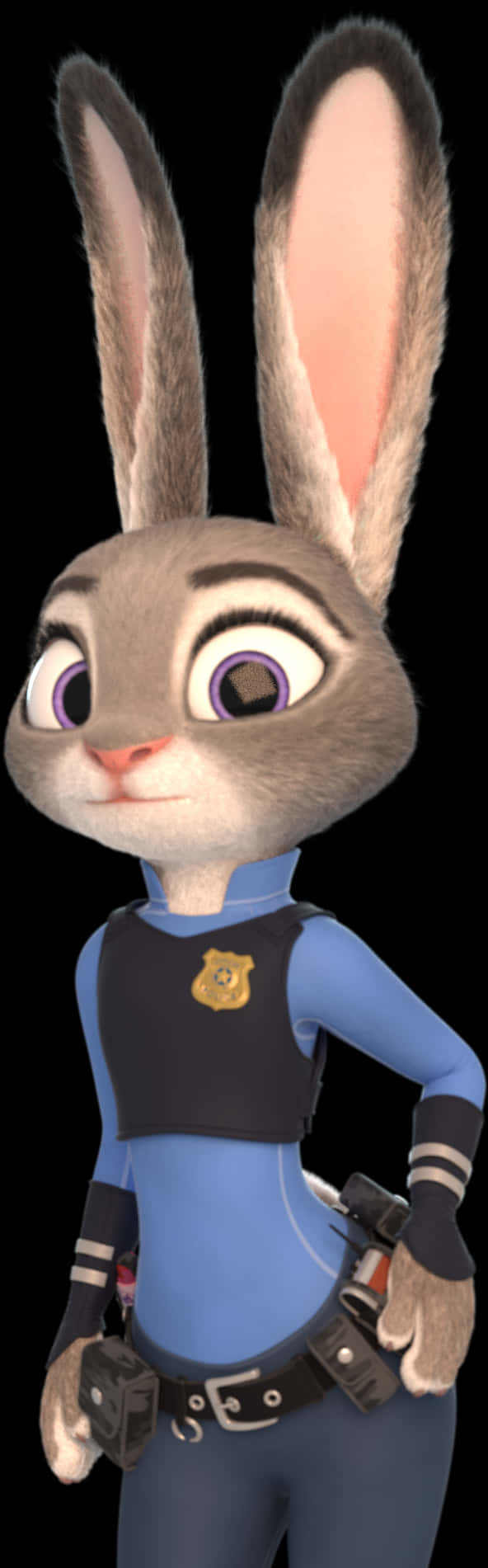 Disney Character 桌布 壁紙 — 一隻穿著藍色制服、帶有徽章和槍套的卡通兔警察，自信地站在黑色背景前。