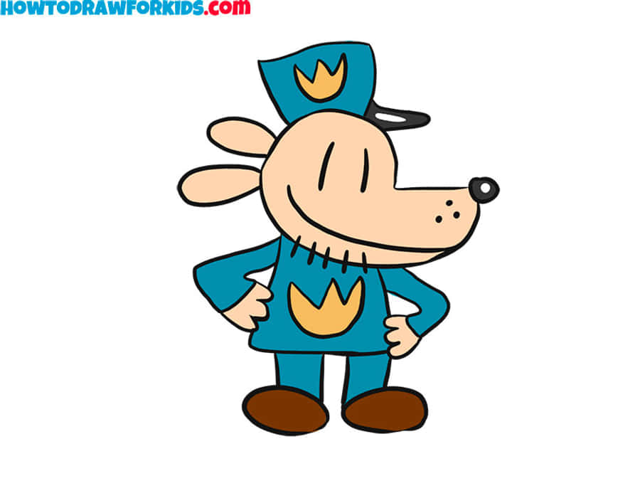 Dog Man 桌布 壁紙 — 一隻穿著藍色制服、帶有皇冠徽章的快樂卡通狗自信地站著，雙手叉腰。