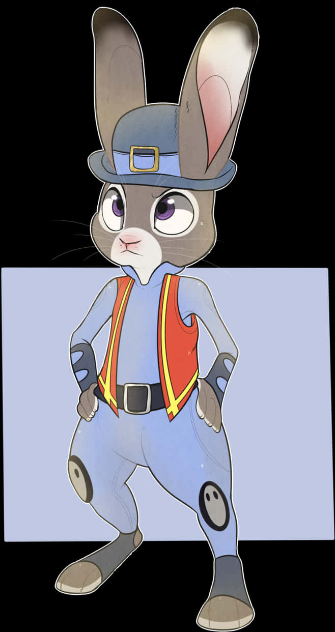 Disney Character 桌布 壁紙 — 一隻穿著藍色制服、紅色吊帶和帽子的卡通兔，自信地站在純色背景前。