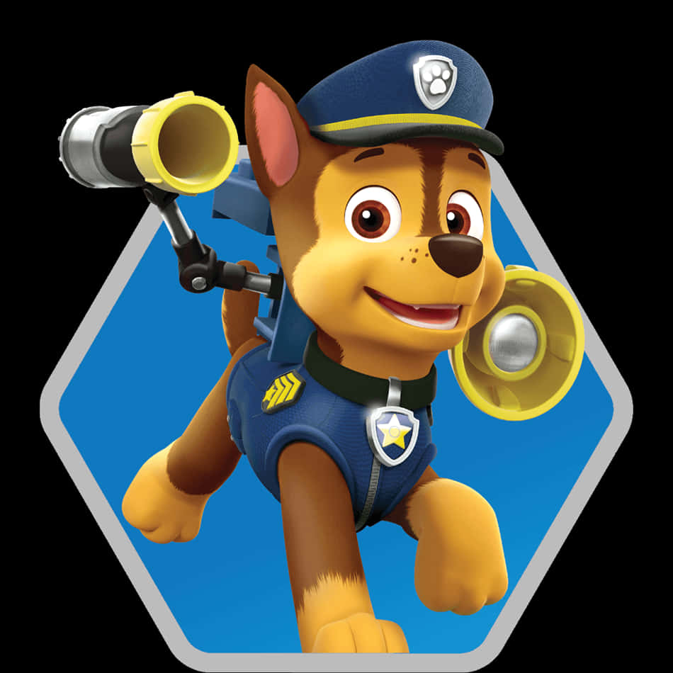 Chase Paw Patrol 桌布 壁紙 — 一隻穿著藍色制服、配備黃色裝備的開心卡通警犬，在藍色六邊形背景上向前奔跑。