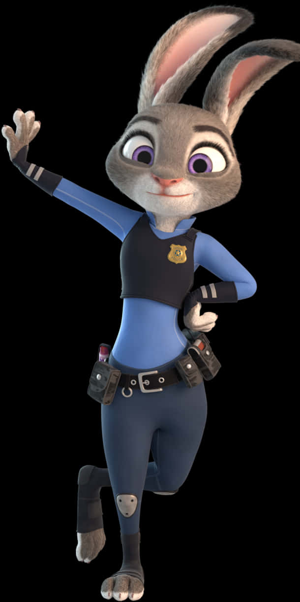 Disney Character 桌布 壁紙 — 一隻穿著藍色制服、開心動畫兔子警察，在黑色背景前動態擺姿勢，單手揮手。