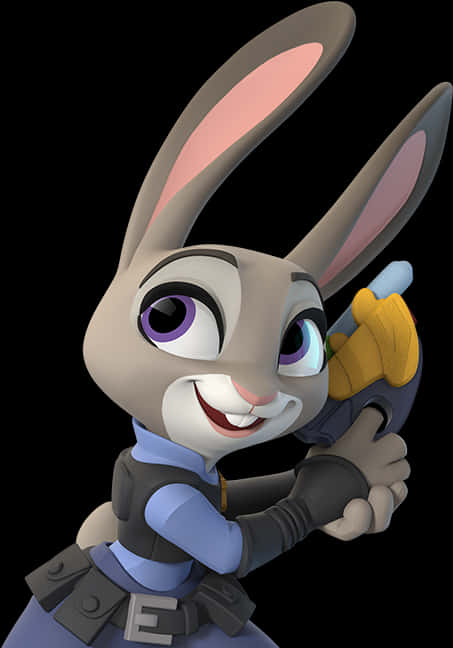 Disney Character 桌布 壁紙 — 一隻穿著藍色制服、開心的動畫兔子警察，在黑色背景前手持玩具槍，露出燦爛的笑容。
