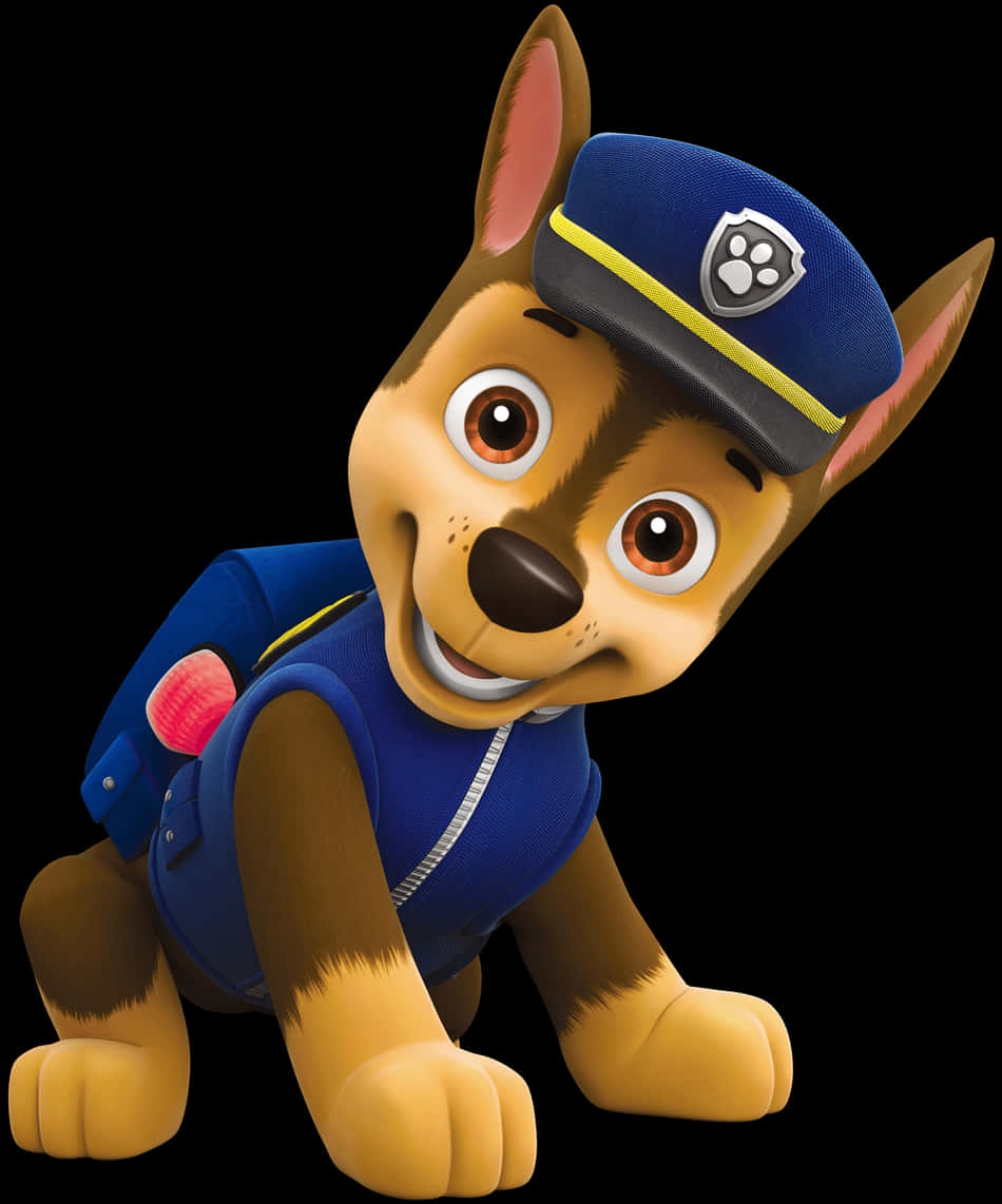 Chase Paw Patrol 桌布 壁紙 — 一隻穿著藍色制服和帽子的快樂卡通警犬蹲在黑色背景前。