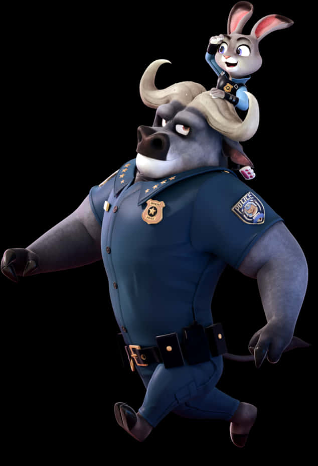 Disney Character 桌布 壁紙 — 一隻穿著藍色制服的大水牛警察在黑色背景上奔跑，頭頂上棲息著一隻兔子警察。