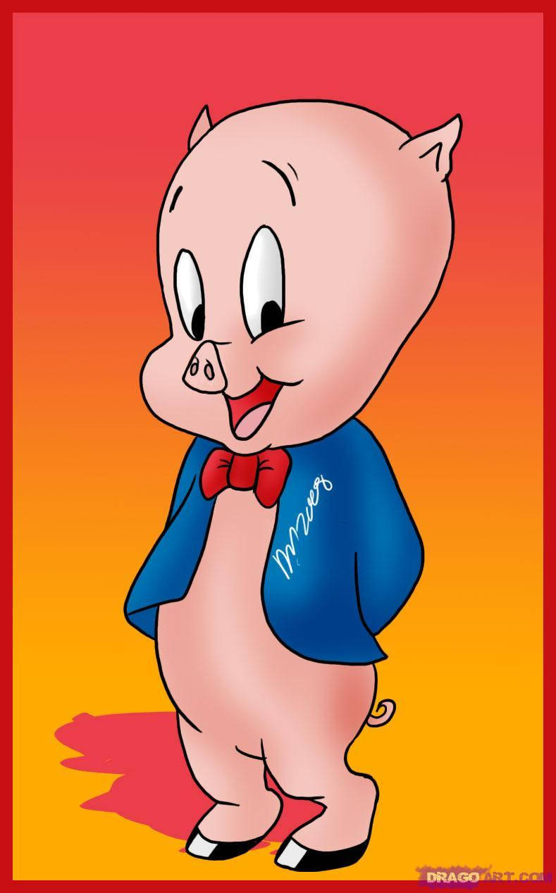 Cartoon 桌布 壁紙 — 一隻穿著藍色外套和紅色蝴蝶結的快樂卡通豬站在溫暖的漸變日落背景前。