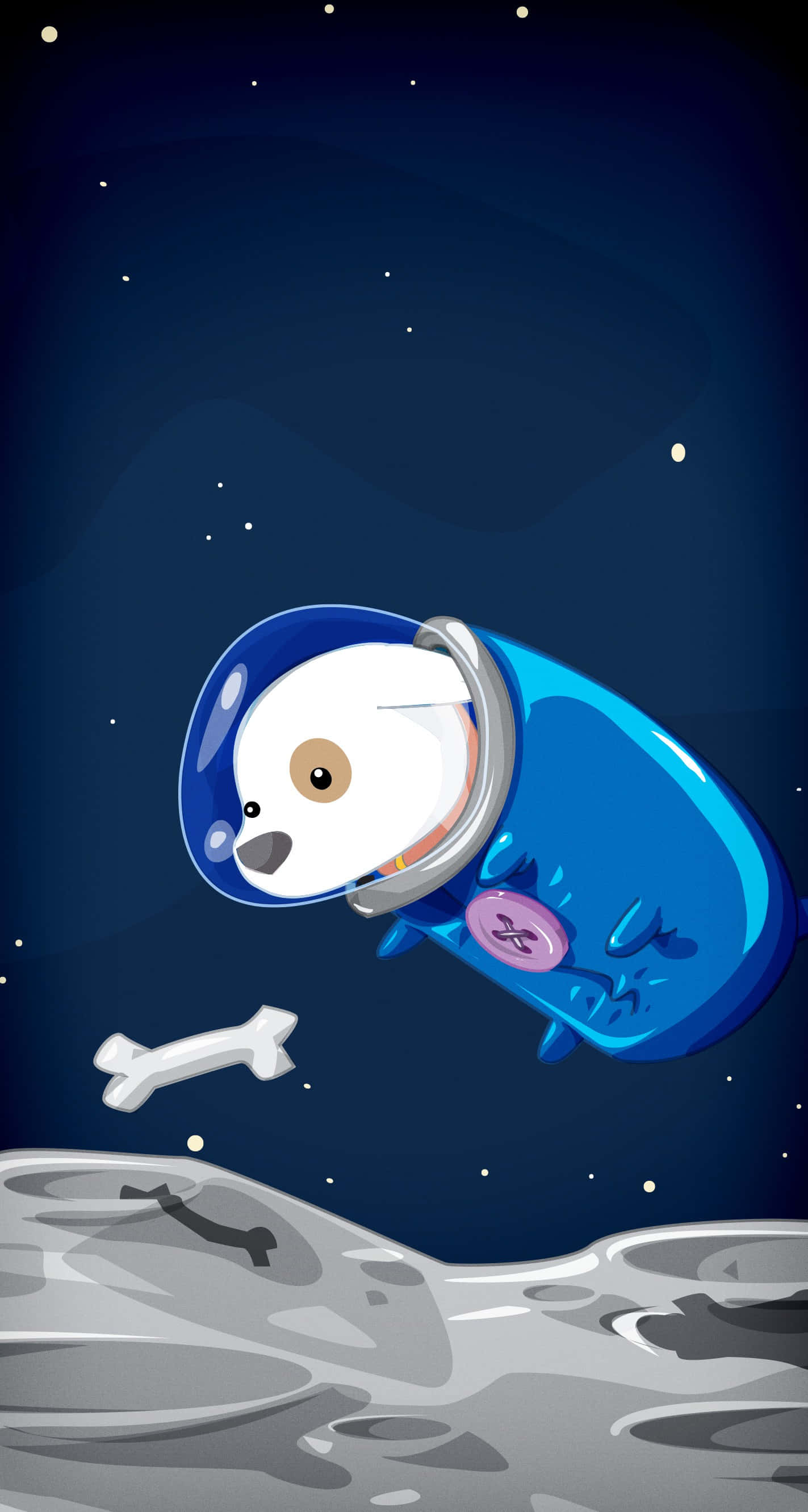 Animated Space 桌布 壁紙 — 一隻穿著藍色太空衣的可愛卡通狗漂浮在月球表面上方，在星空下拿著一根骨頭。