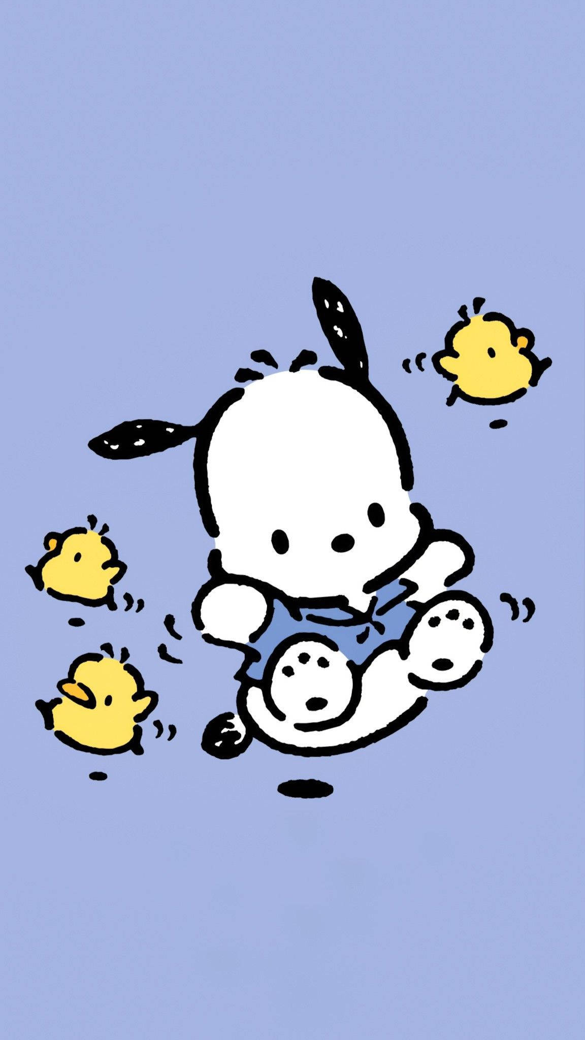 Pochacco 桌布 壁紙 — 一隻穿著藍色工裝褲的可愛白色卡通狗在柔和的薰衣草背景上頑皮地追逐三隻黃色小鴨。