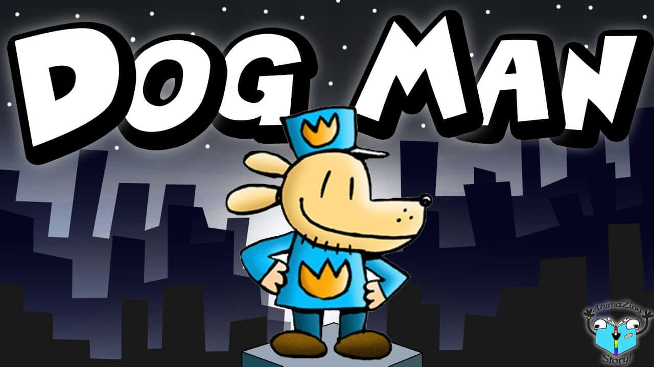 Dog Man 桌布 壁紙 — 一隻穿著藍色服裝的卡通狗超級英雄在星空下自信地站在風格化的夜間城市天際線前。