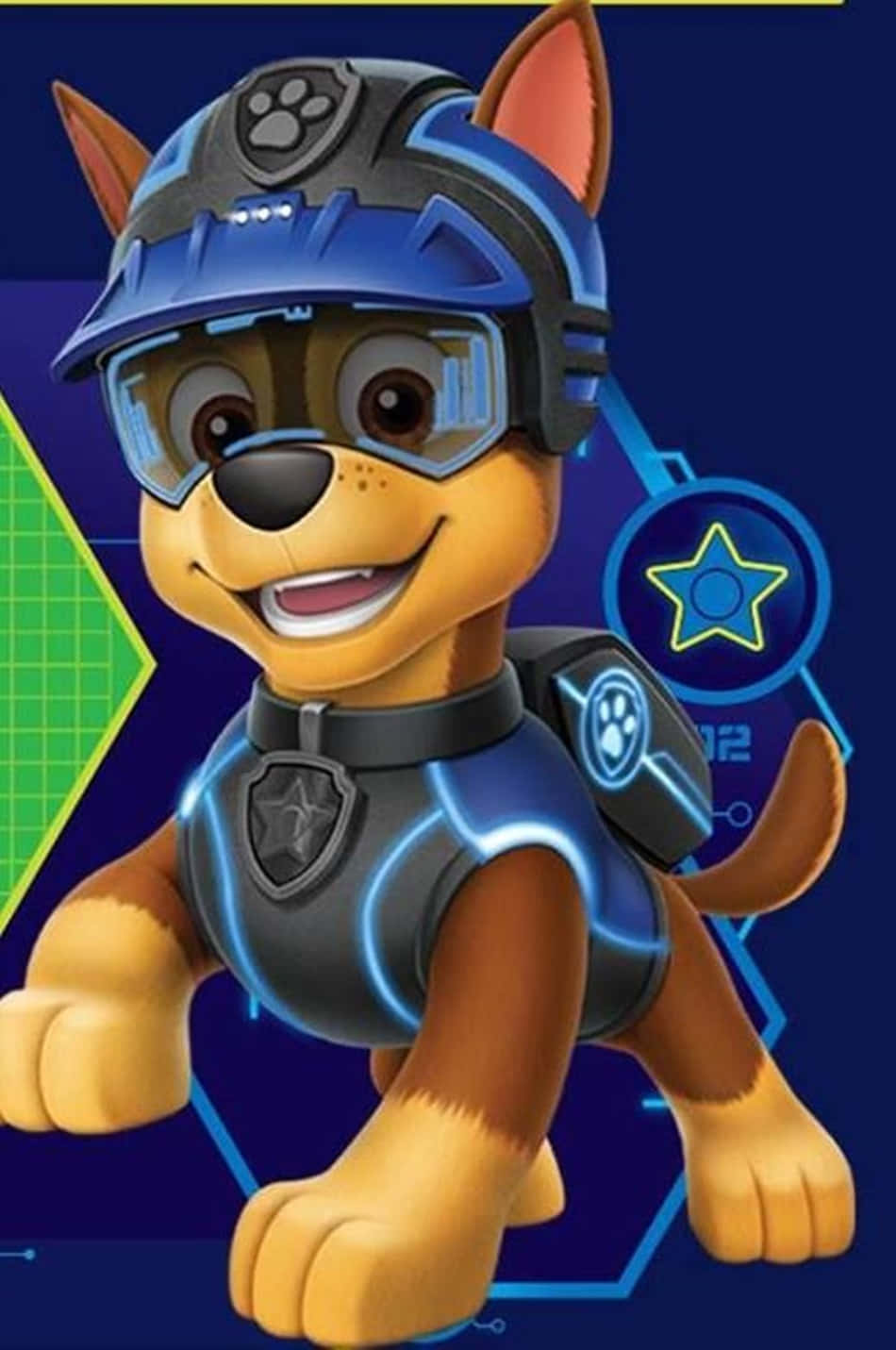 Chase Paw Patrol 桌布 壁紙 — 一隻穿著藍色科技裝備的開心動畫警犬在數位藍色背景上微笑。