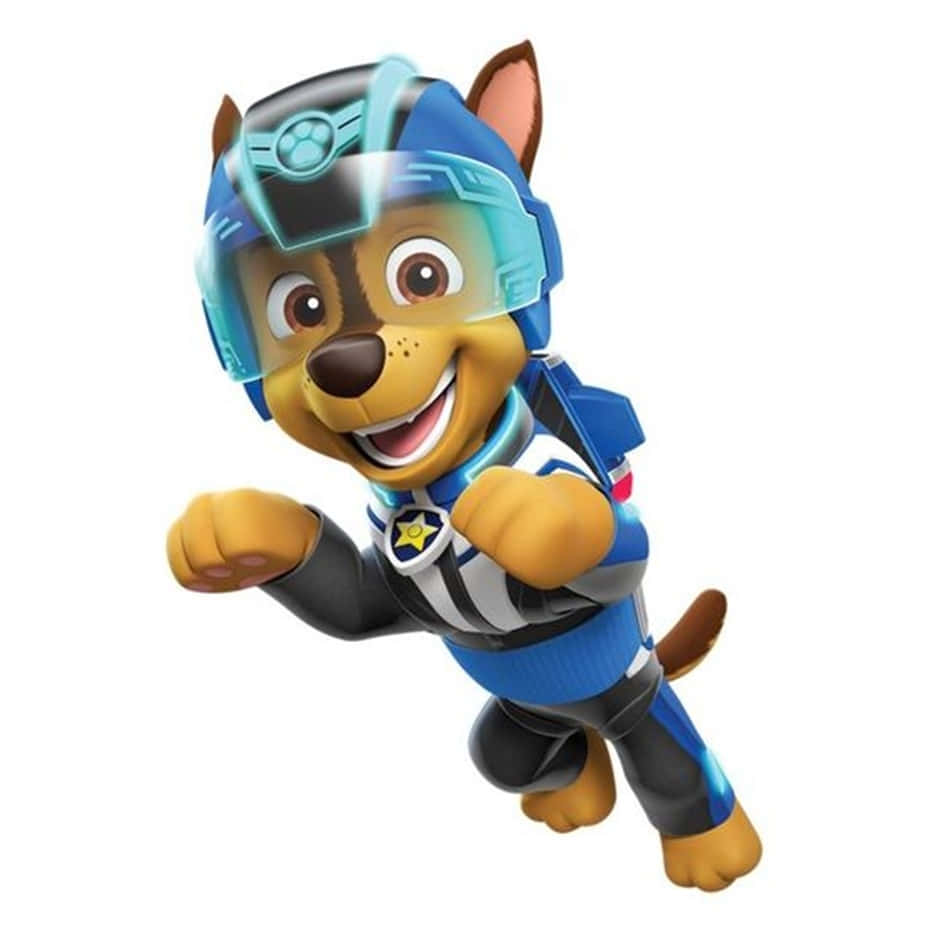 Chase Paw Patrol 桌布 壁紙 — 一隻穿著藍色裝備、開心的動畫警犬在白色背景上帶著燦爛笑容向前飛翔。