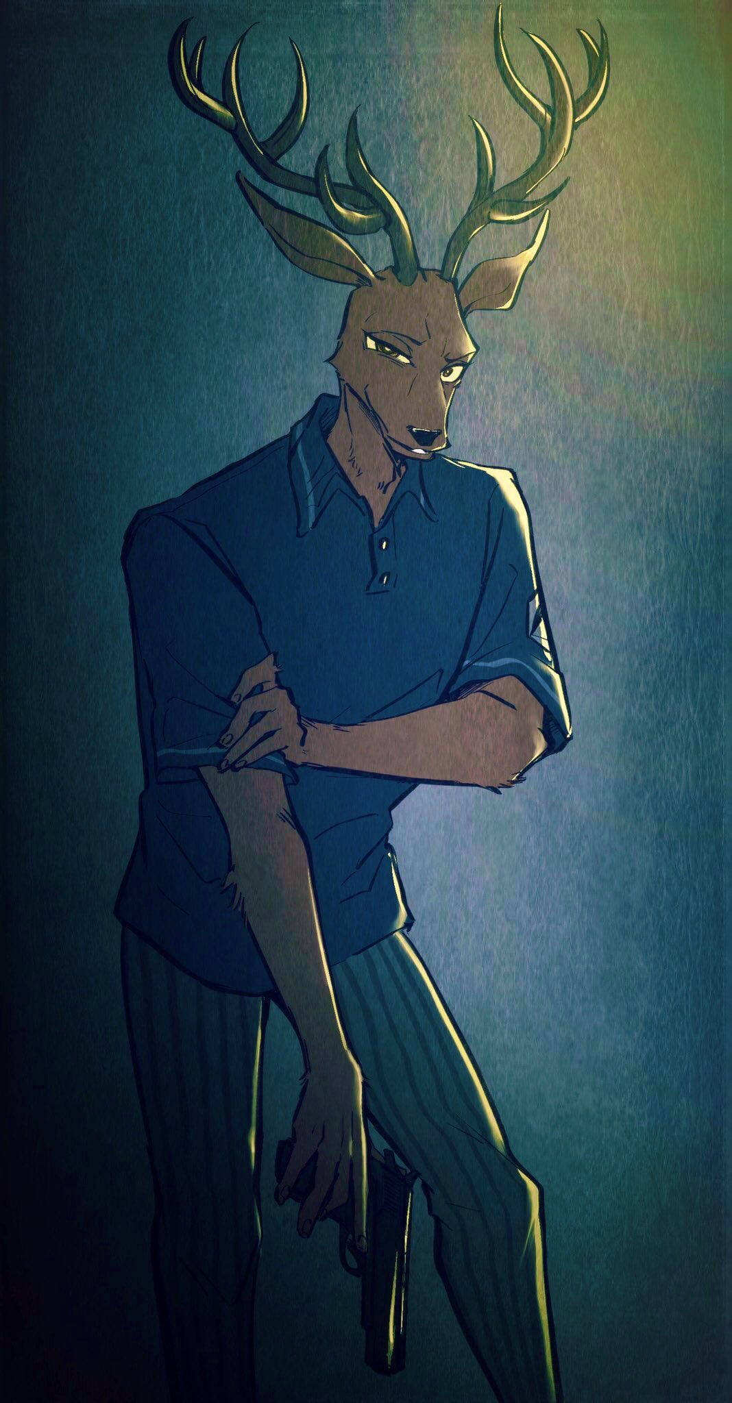 Beastars 桌布 壁紙 — 一隻穿著藍色襯衫、情緒陰鬱的擬人化鹿在戲劇性的綠色和藍色燈光下拿著槍。