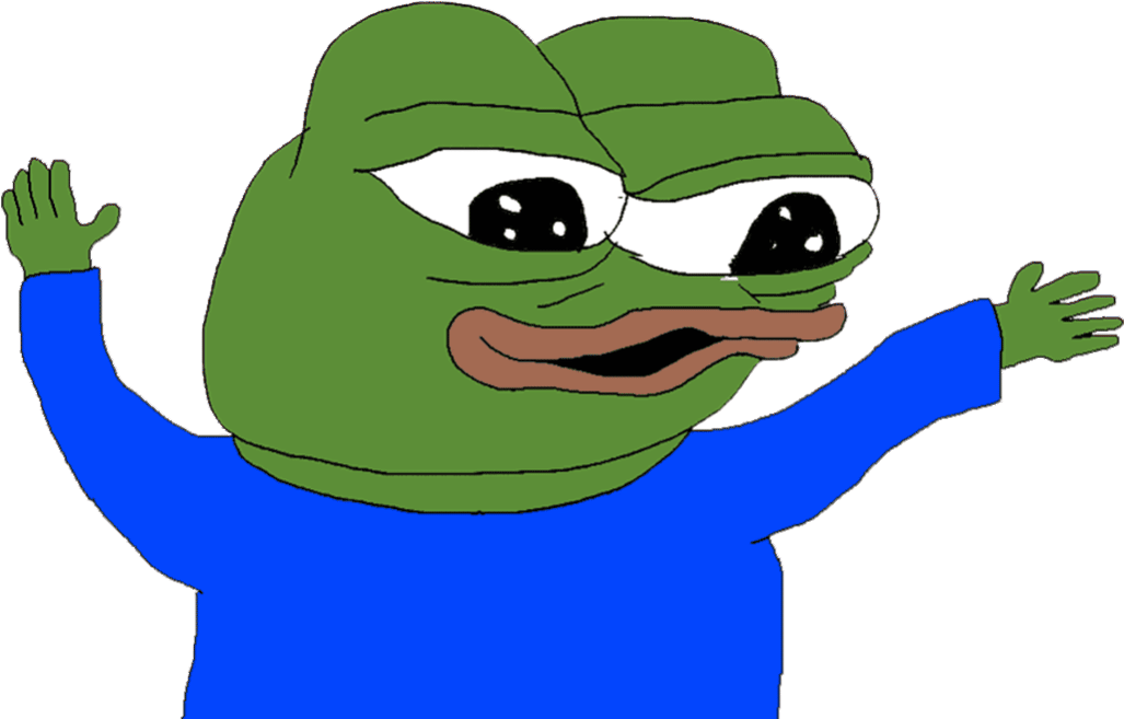 pepe frog 桌布 壁紙 — 一隻穿著藍色襯衫的卡通青蛙，在黑色背景前揮動雙臂，露出得意的表情。