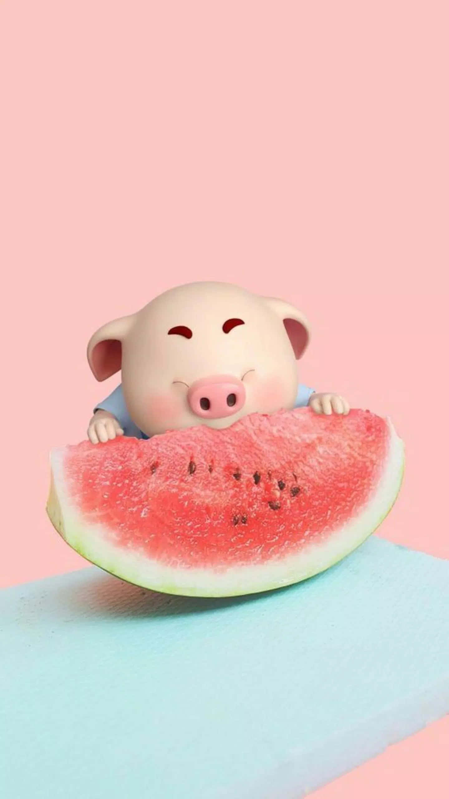 Watermelon iPhone 桌布 壁紙 — 一隻穿著藍色襯衫的可愛3D渲染小豬，在柔和的粉紅色背景前開心地嚼著多汁的西瓜片。