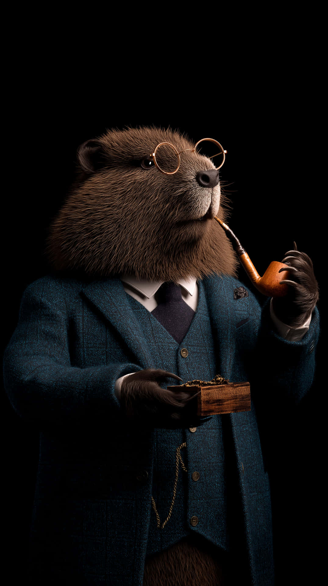 Sophisticated Beaver in Suit with Pipe and Monocle Portrait 壁紙 — 一隻穿著藍色西裝和圓框眼鏡的海狸，在黑色背景前拿著木盒抽煙斗。