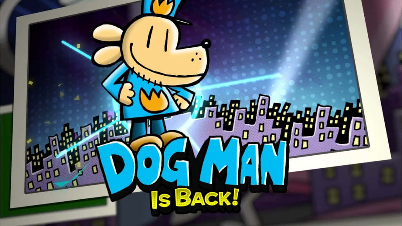 Dog Man 桌布 壁紙 — 一隻穿著藍色西裝的卡通狗英雄，在繁星點點的夜空下，英勇地站在風格化的城市景觀之上。