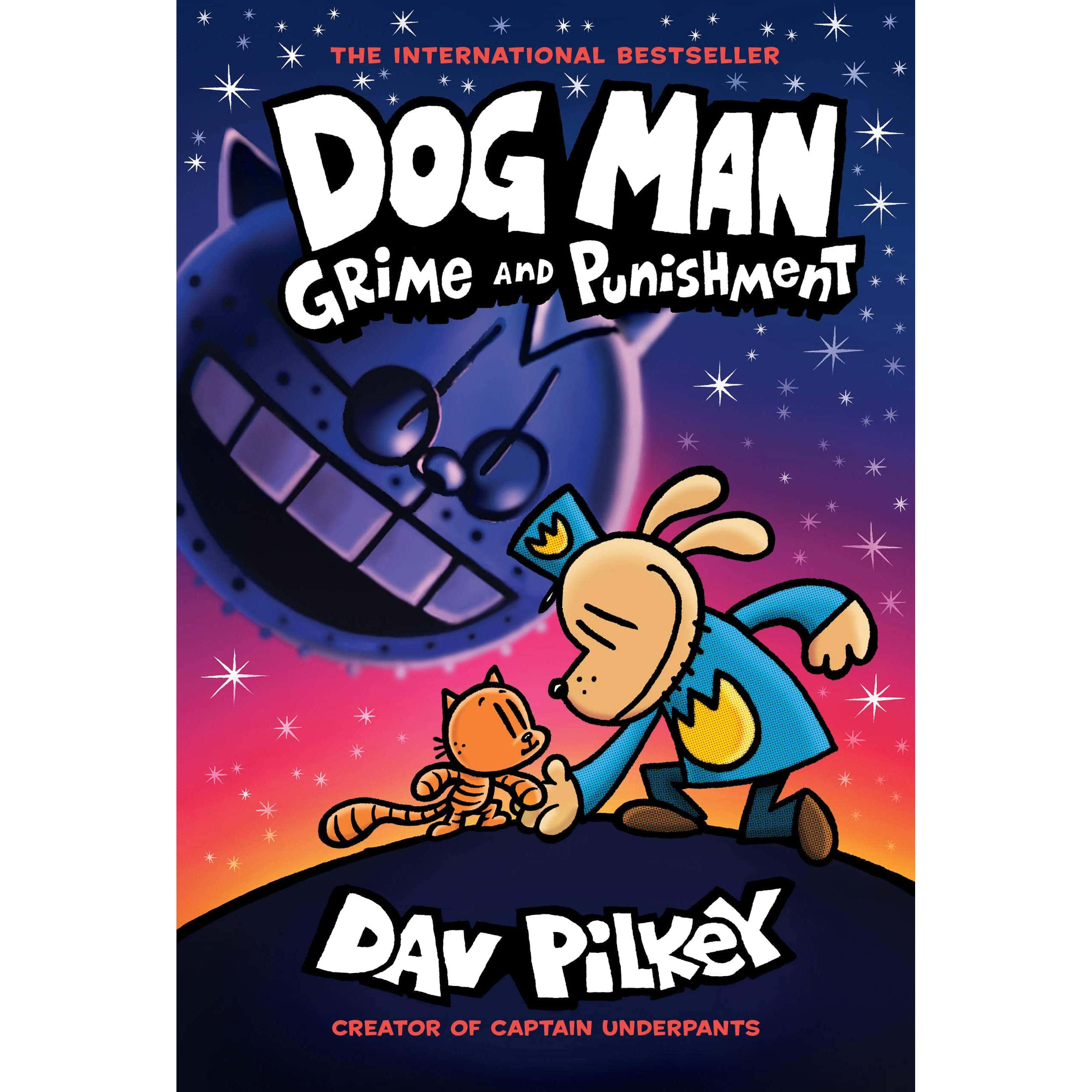 Dog Man 桌布 壁紙 — 一隻穿著藍色西裝的卡通狗英雄跪在一隻小貓旁邊，背景是星光燦爛的暮色天空，一輪巨大的咧嘴月亮懸在後面。