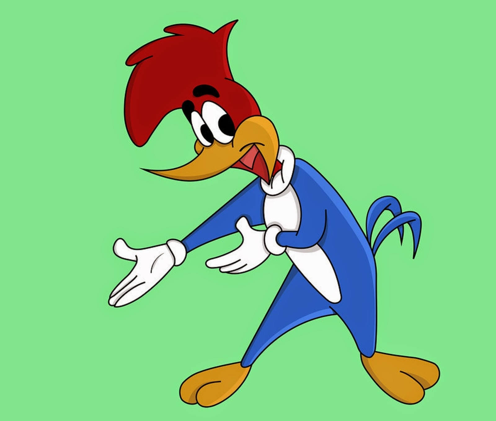 Woody Woodpecker 桌布 壁紙 — 一隻穿著藍色西裝的快樂卡通啄木鳥在純綠色背景上生動地做手勢。