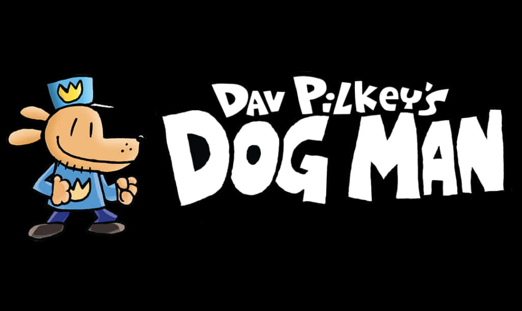 Dog Man 桌布 壁紙 — 一隻穿著藍色警察制服的卡通狗站在黑色背景上，旁邊有粗體白色文字寫著 Dav Pilkey's Dog Man。