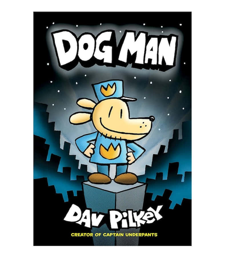 Dog Man 桌布 壁紙 — 一隻穿著藍色超級英雄服裝的開心卡通狗站在基座上，背景是繁星點點的夜空和鋸齒狀的城市輪廓。
