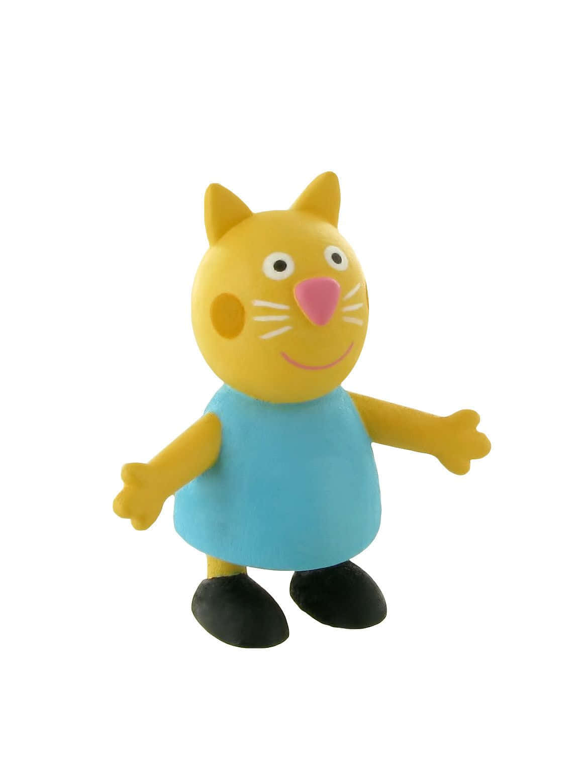 Candy Cat 桌布 壁紙 — 一隻穿著藍色連衣裙和黑色鞋子的快樂黃色貓咪公仔，在純白色背景前張開雙臂站立。