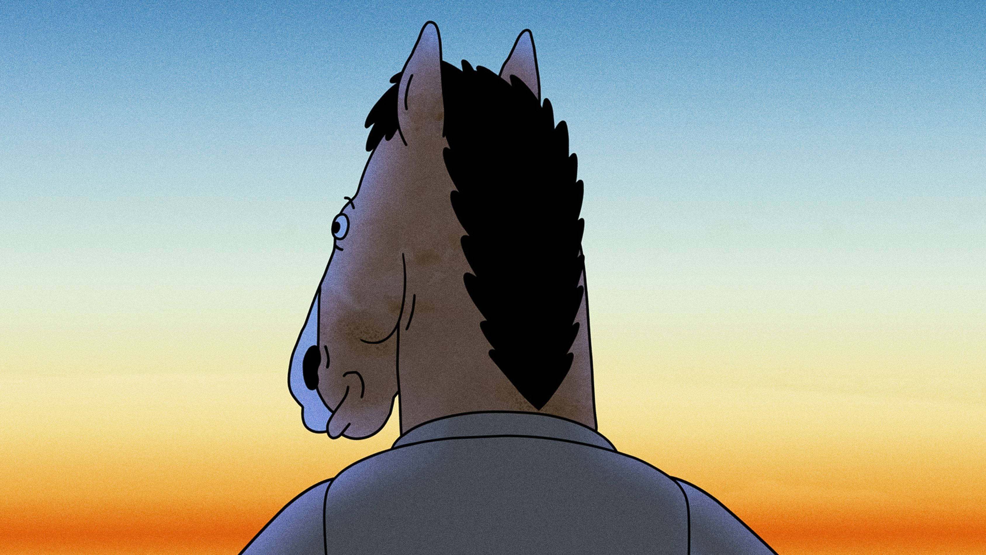 bojack 桌布 壁紙 — 一隻穿著襯衫的卡通馬若有所思地凝視著充滿活力的日落天空。