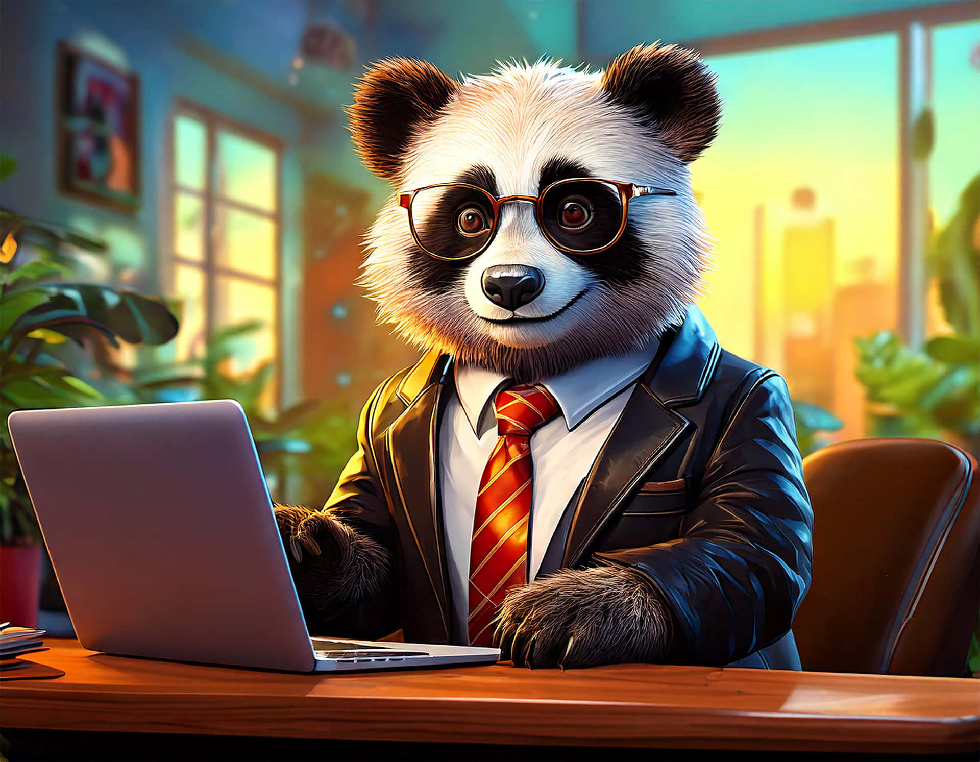 Cute Animal 壁紙 — 一隻穿著西裝和戴眼鏡的熊貓坐在木桌前，在陽光充足的辦公室裡使用筆記型電腦，辦公室裡有植物和城市景觀。