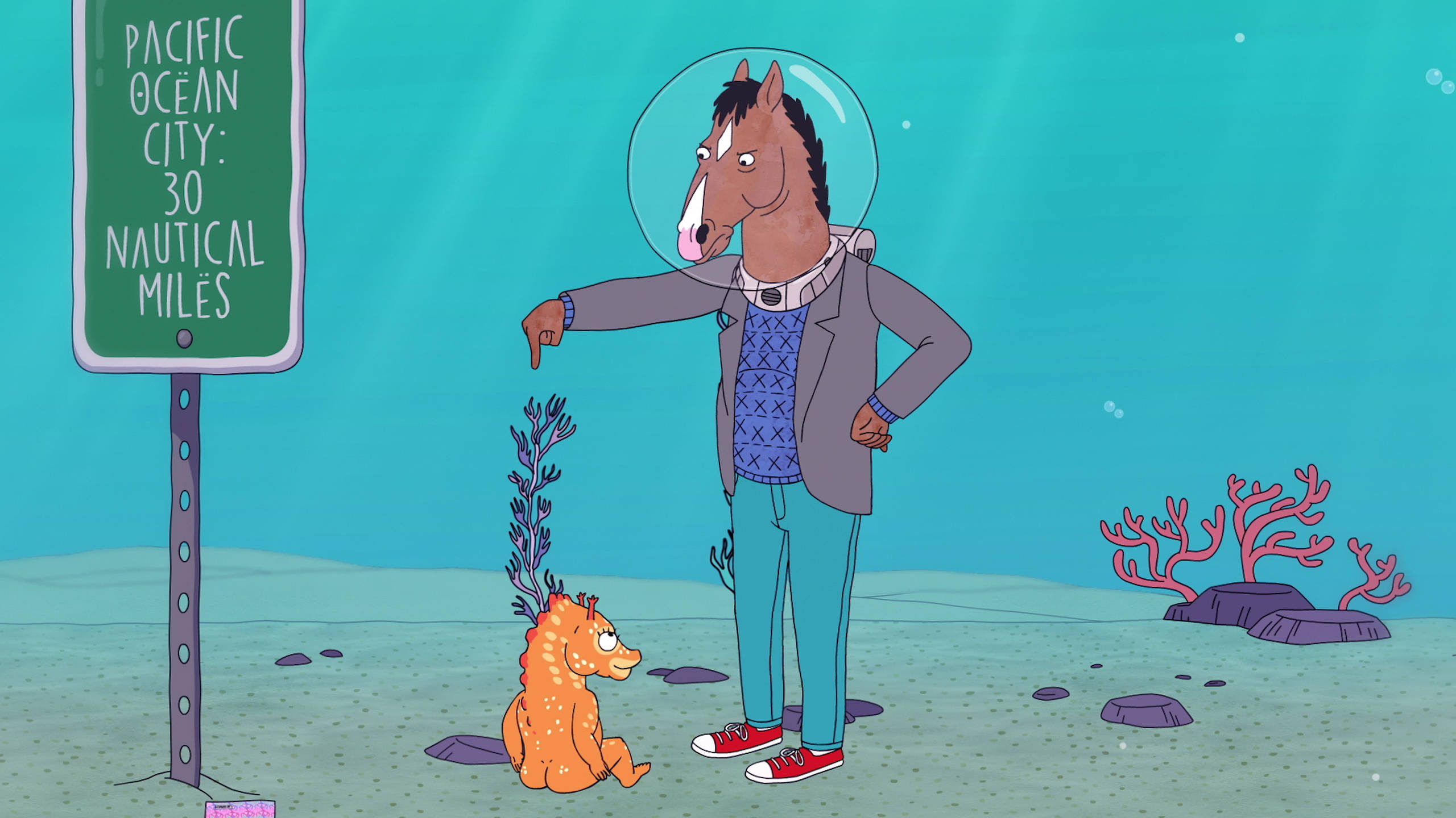 bojack 桌布 壁紙 — 一隻穿著西裝和泡泡頭盔的卡通馬站在水下，旁邊有一隻橙色小生物，附近有一個寫著「太平洋海洋城30海浬」的標誌。