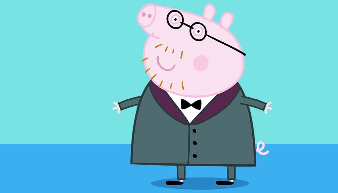 Daddy Pig 桌布 壁紙 — 一隻穿著西裝和眼鏡的快樂卡通豬站在雙色藍色背景前。