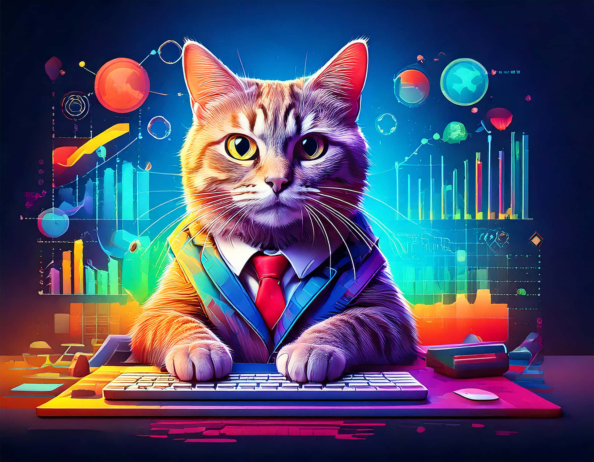Professor cat 壁紙 — 一隻穿著西裝和紅色領帶的虎斑貓在鍵盤上打字，周圍環繞著發光的霓虹數據可視化圖表。