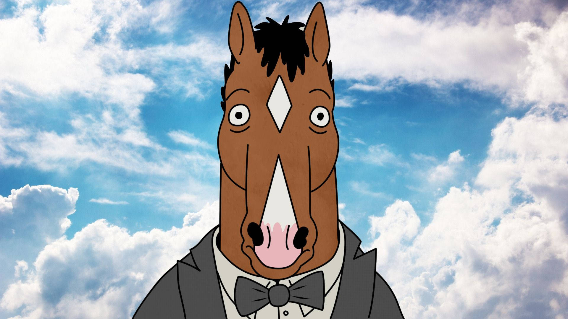 bojack 桌布 壁紙 — 一隻穿著西裝和領結的卡通馬，睜大眼睛凝視著藍天白雲。