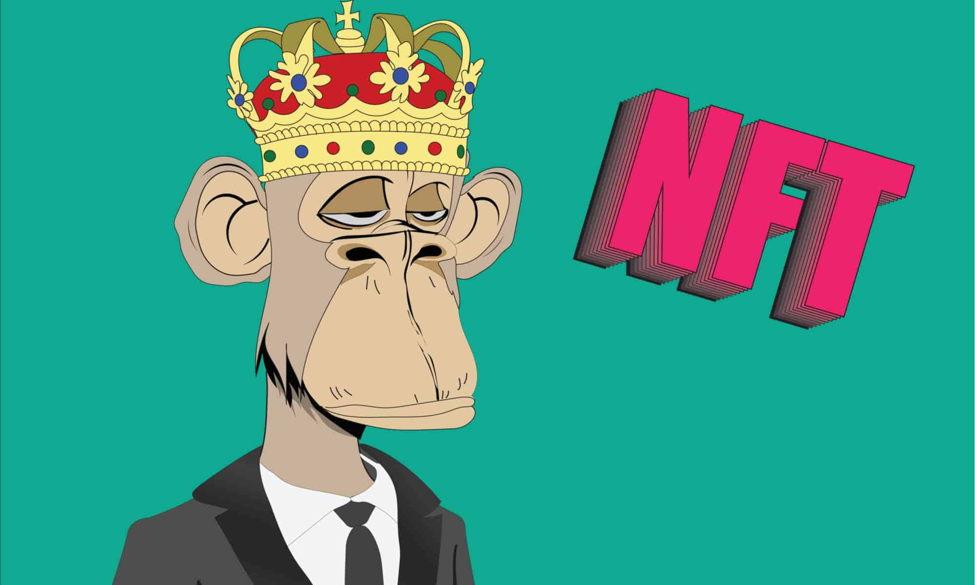 Ape 桌布 壁紙 — 一隻穿著西裝戴著皇冠的無聊卡通猴子在青綠色背景上盯著粗體粉紅色3D NFT文字旁邊。