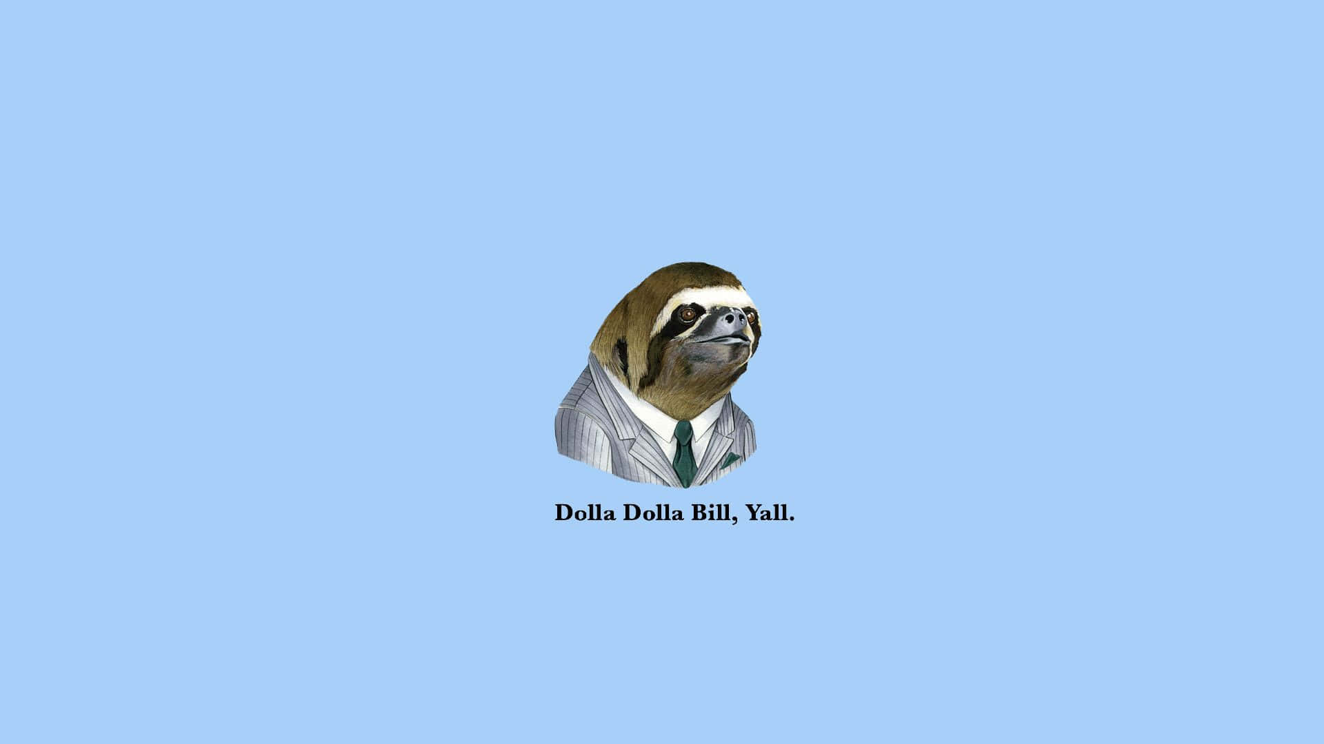 Kawaii Sloth 桌布 壁紙 — 一隻穿著西裝打領帶的卡通樹懶，背景為純淺藍色，下方有文字。
