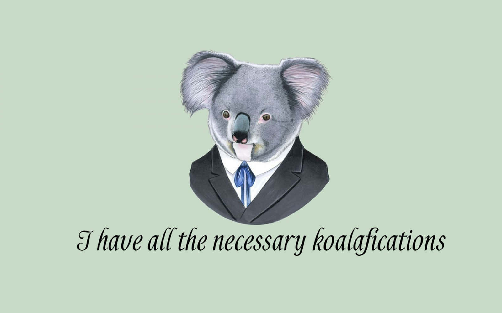 Koala 桌布 壁紙 — 一隻穿著西裝打領帶的無尾熊，下方文字寫著「我擁有所有必要的無尾熊資格」，背景為淡綠色。