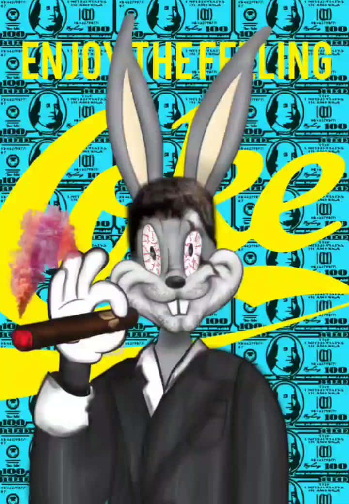 Bugs Bunny Supreme 桌布 壁紙 — 一隻穿著西裝的卡通兔子在藍色金錢背景上抽雪茄，並配有粗體黃色文字。