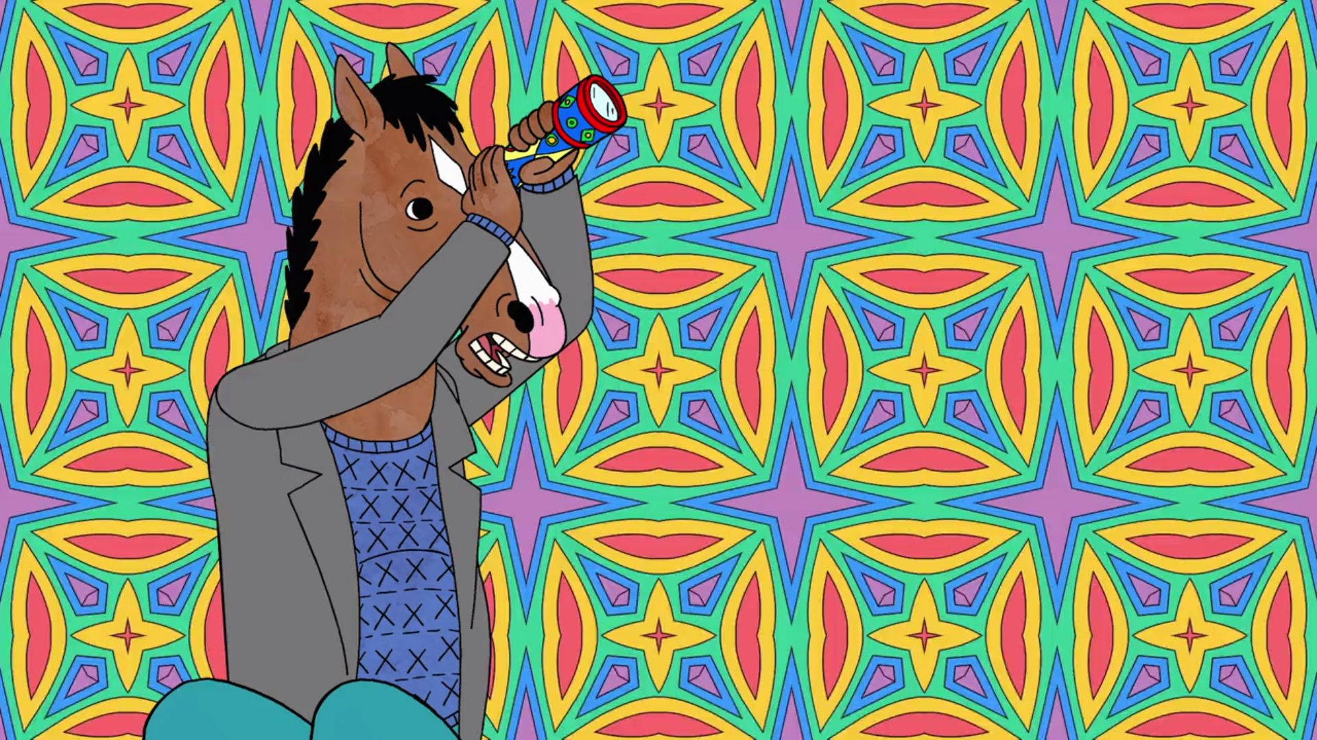 bojack 桌布 壁紙 — 一隻穿著西裝的卡通馬在充滿活力的迷幻圖案背景下從罐中飲用。