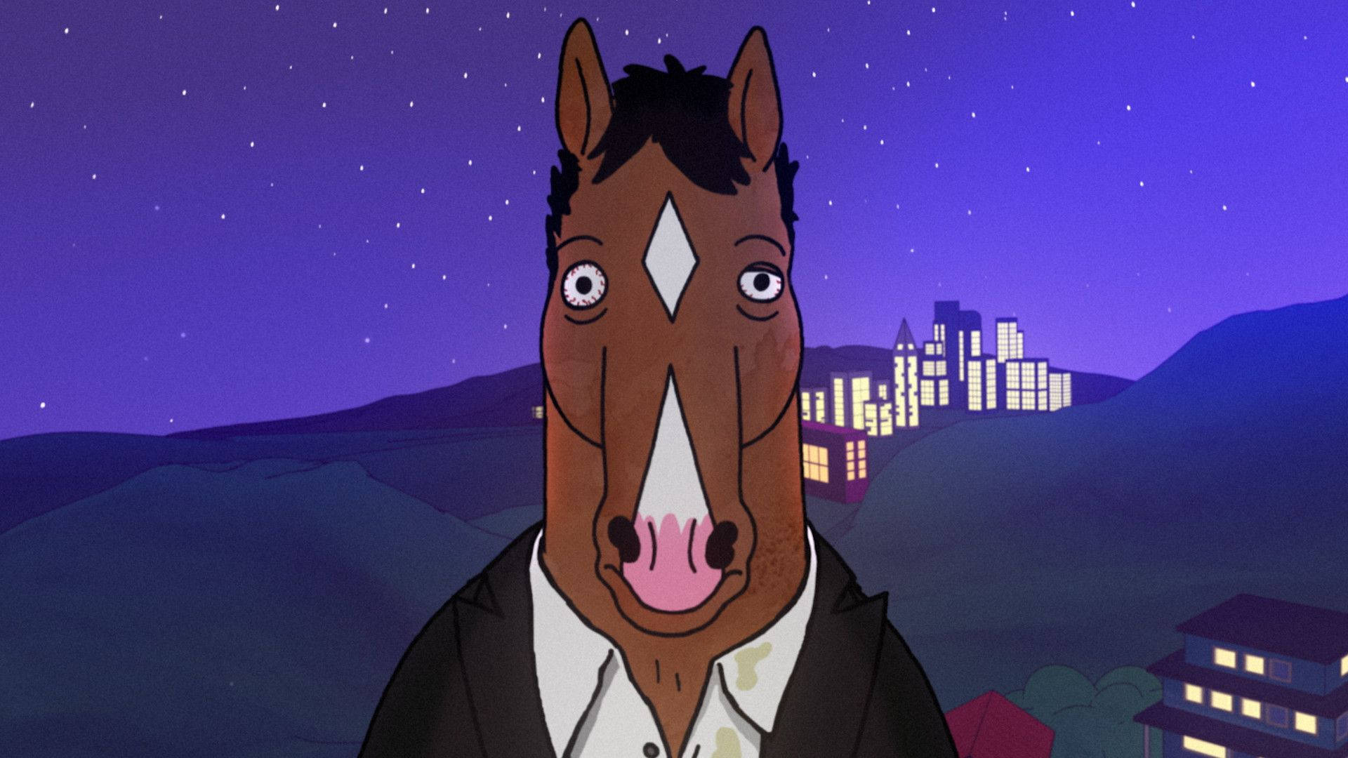 bojack 桌布 壁紙 — 一隻穿著西裝的卡通馬在星空夜景和城市天際線背景下凝視觀眾。