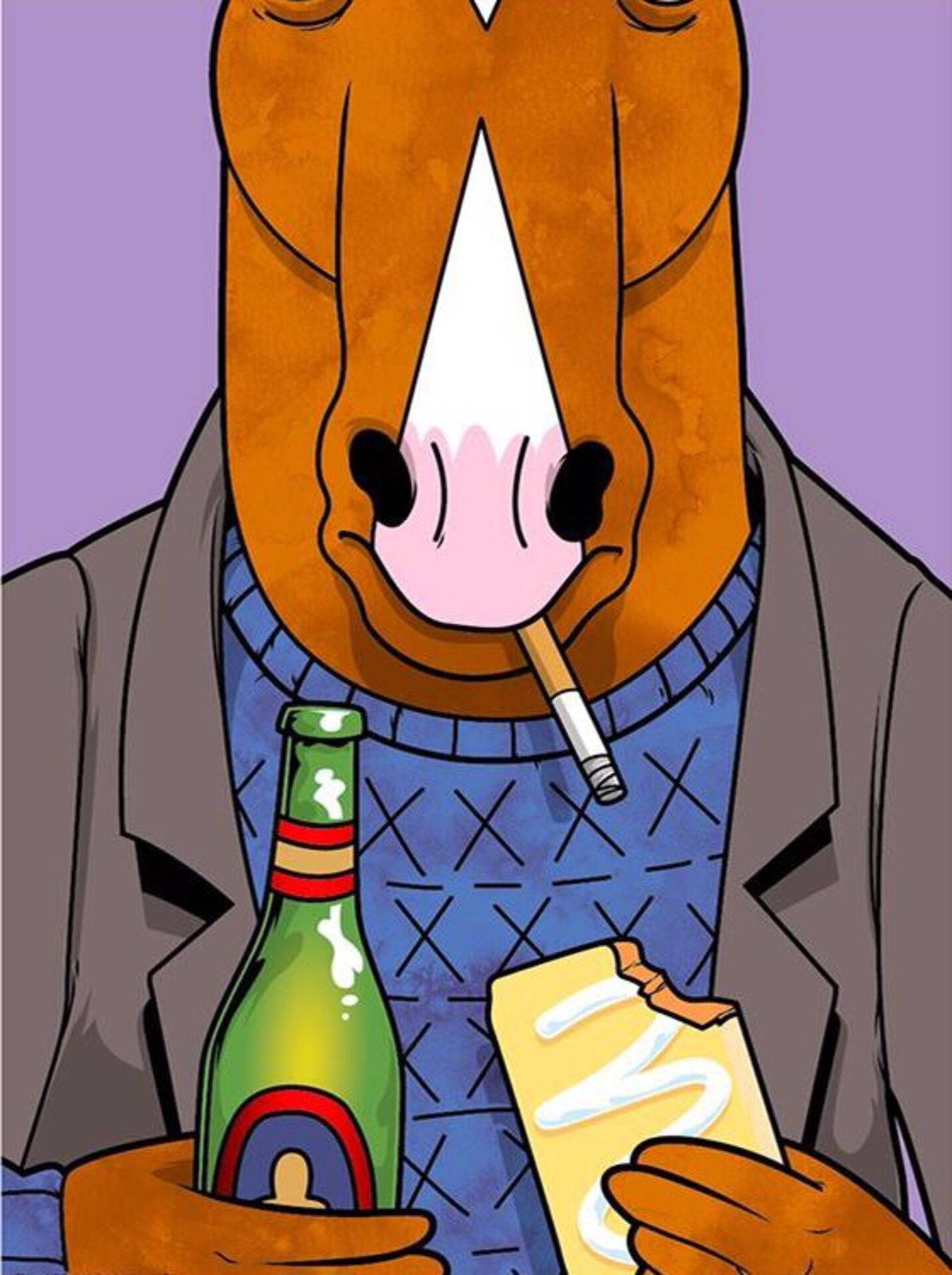 bojack 桌布 壁紙 — 一隻穿著西裝的卡通馬在紫色背景前抽煙，同時拿著啤酒瓶和起司零食。