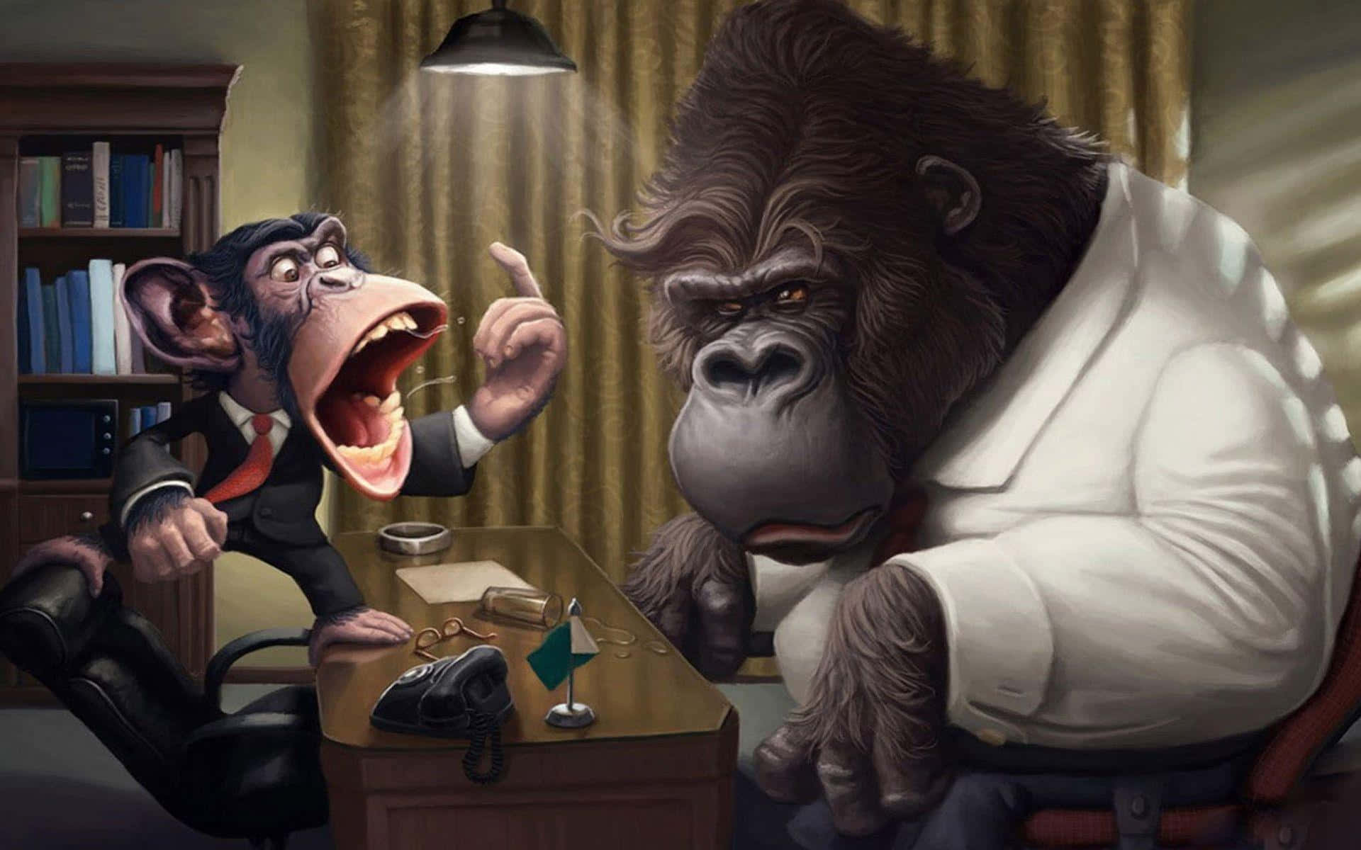 Funny Monkey 桌布 壁紙 — 一隻穿著西裝的卡通黑猩猩對著一隻坐在辦公室木桌旁、穿著白襯衫的大猩猩憤怒地大喊。