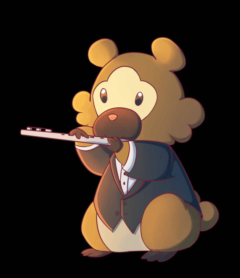 寶可夢 桌布 壁紙 — 一隻穿著西裝的可愛卡通熊在黑色背景上吹奏長笛，光線柔和。