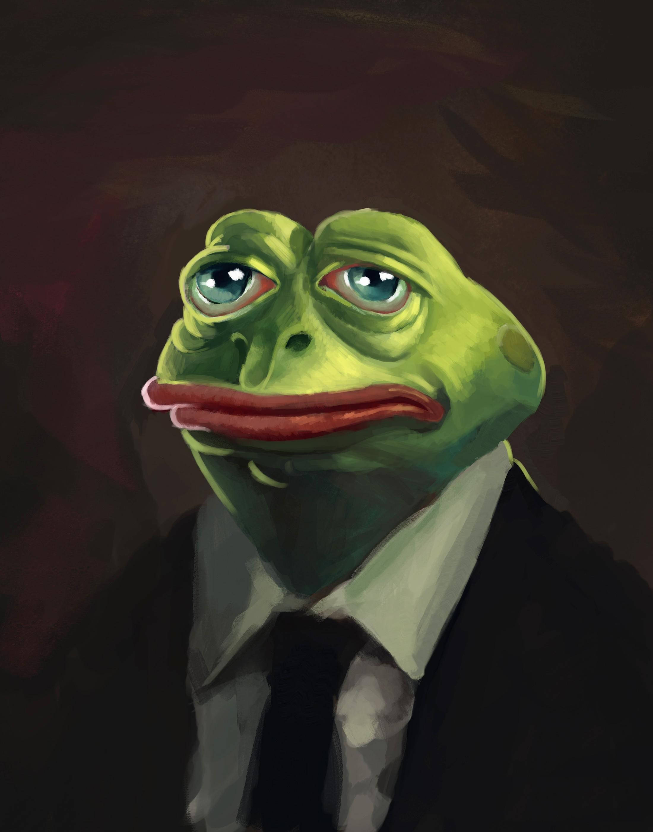 Pepe 桌布 壁紙 — 一隻穿著西裝的憂鬱綠色青蛙，在黑暗背景下睜大眼睛凝視。