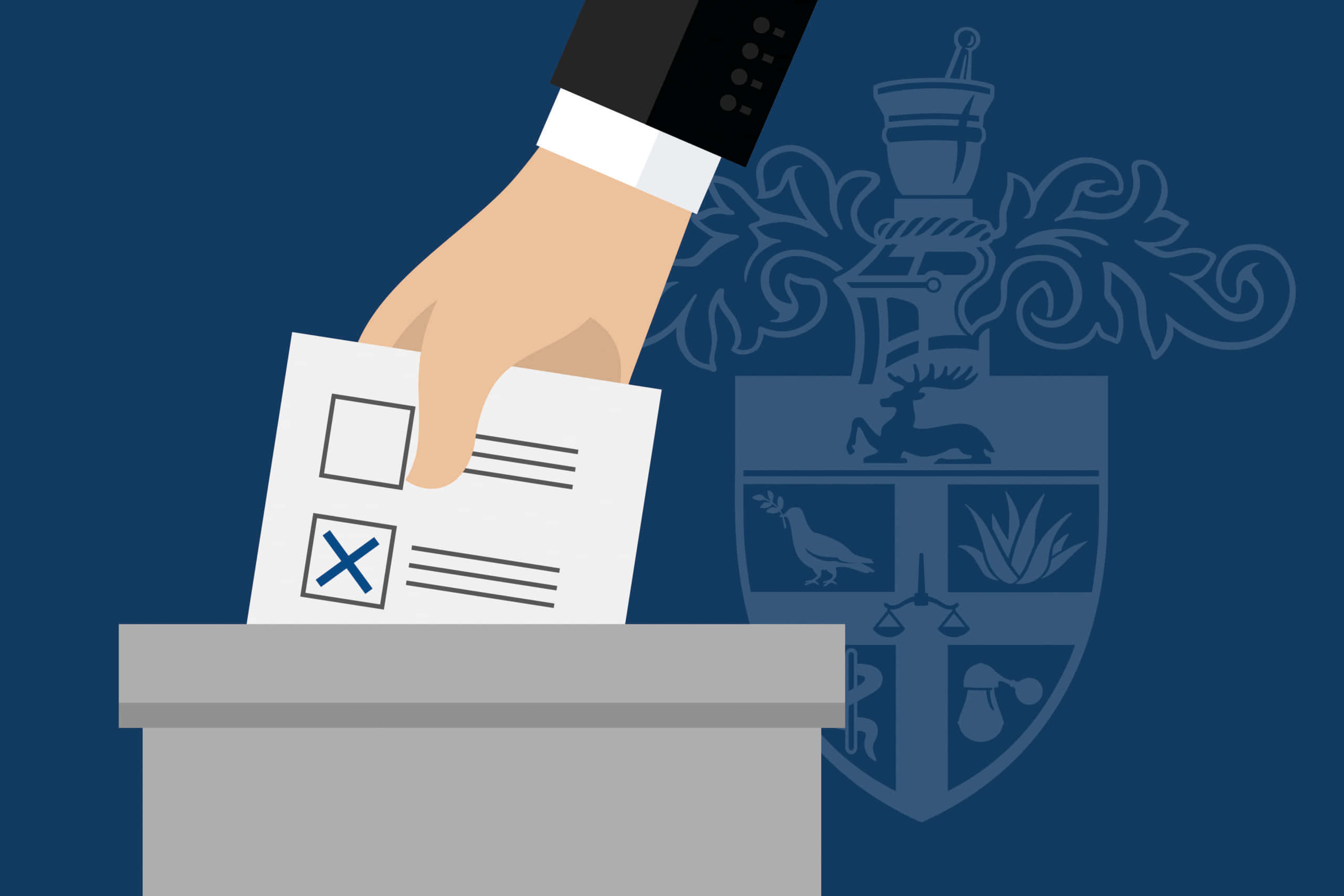 Election 桌布 壁紙 — 一隻穿著西裝的手將選票投入一個帶有褪色盾徽的藍色背景的箱子中。