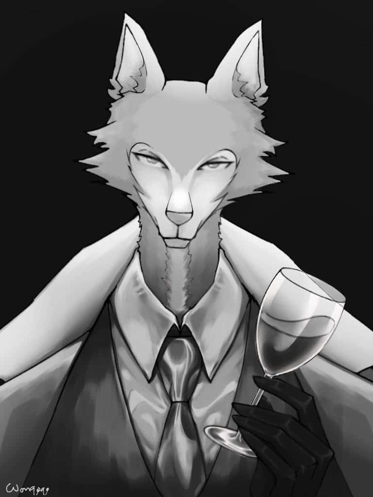 桌布 壁紙 — 一隻穿著西裝的時尚擬人化狐狸，在純黑背景下拿著酒杯。