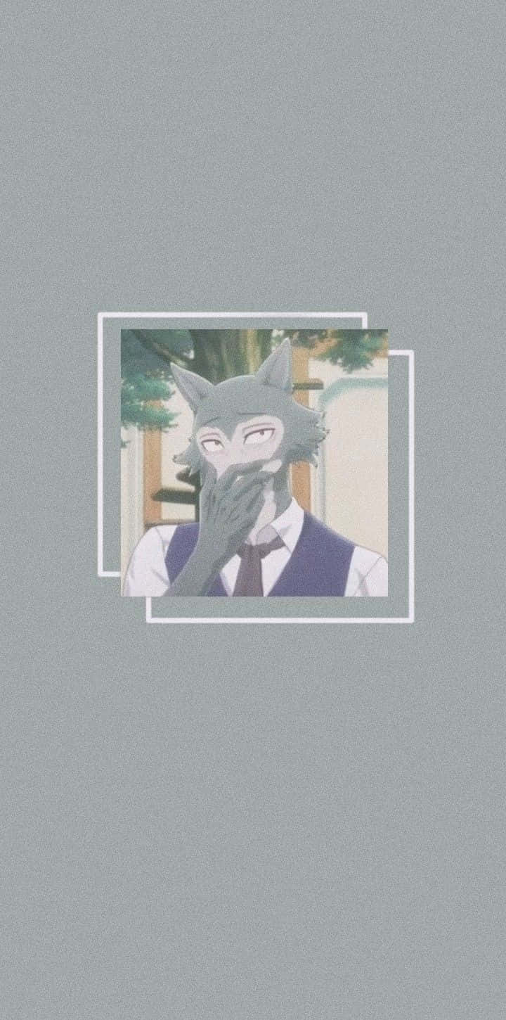 桌布 壁紙 — 一隻穿著西裝的灰色擬人化狼，在柔和灰色背景的裱框肖像中，用一隻手捂住嘴巴。