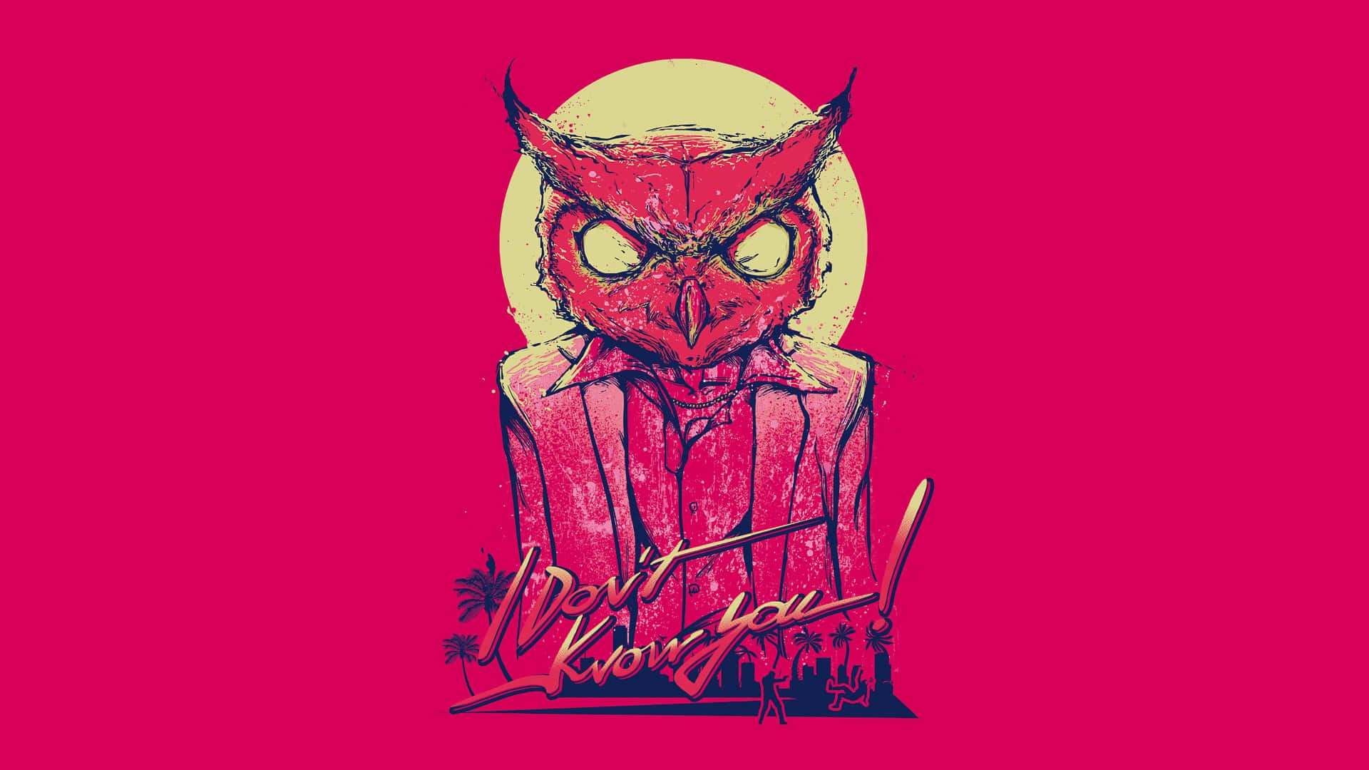 Hotline Miami 桌布 壁紙 — 一隻穿著西裝的風格化紅色貓頭鷹站在黃色太陽前，背景是充滿活力的粉紅色，有棕櫚樹和文字。