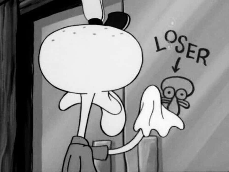 Sad Spongebob 桌布 壁紙 — 一隻穿著西裝的黑白卡通魷魚拿著一塊布，同時指向一隻標有「失敗者」的小魷魚。