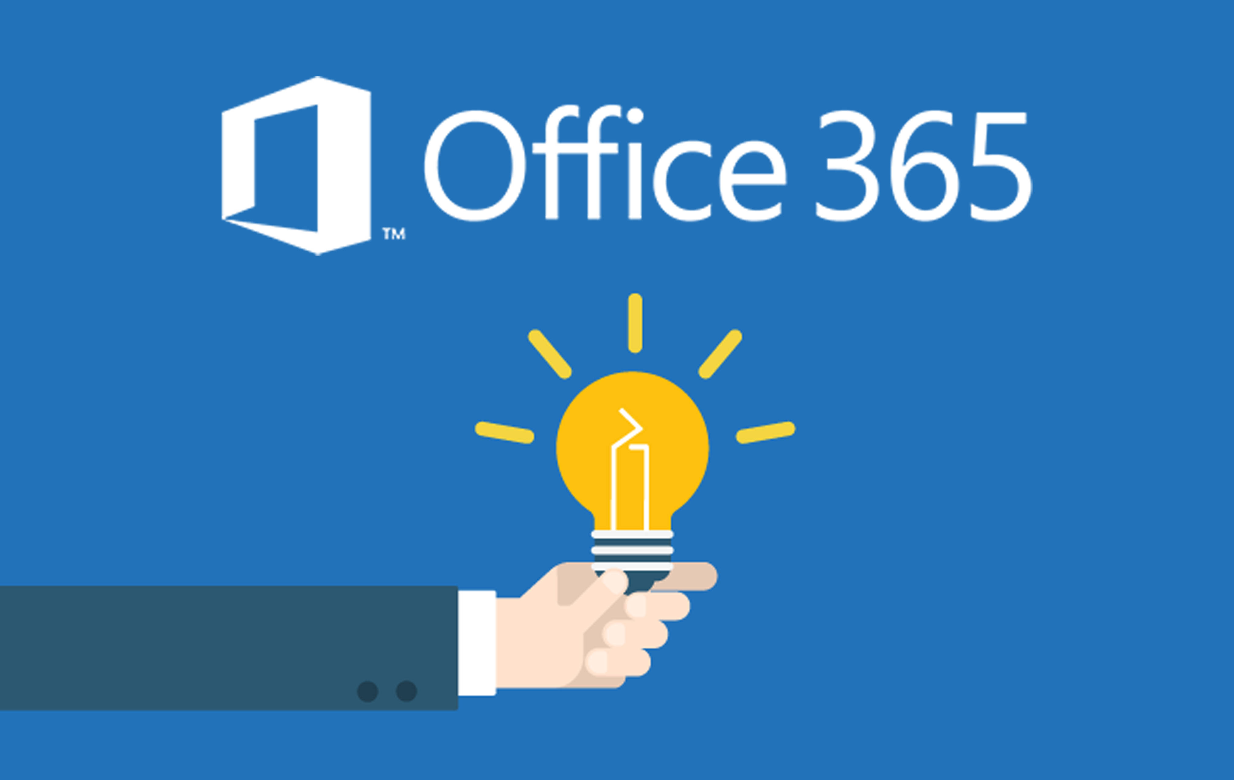 Office 365 桌布 壁紙 — 一隻穿著西裝袖的手在帶有 Office 365 標誌的純藍色背景上，拿著一個發光的黃色燈泡，帶有光線。
